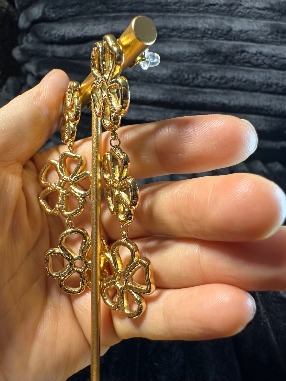 Kenneth Jay Lane Gold Floral Triple-Drop Earrings - Picture 4 of 15